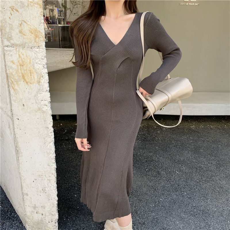 

2021 New Autumn Winter Women Knitted Ny Sweate V-neck Slim Bodycon Elegant Sexy Party Vestidos E05v, Apricot