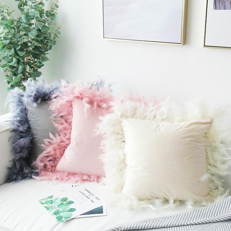 

1PC 45x45cm Cushion Cover Feather Velvet Furry Decorative Throw Pillow Case Soft Plush for Sofa Bed Home Decor1, White