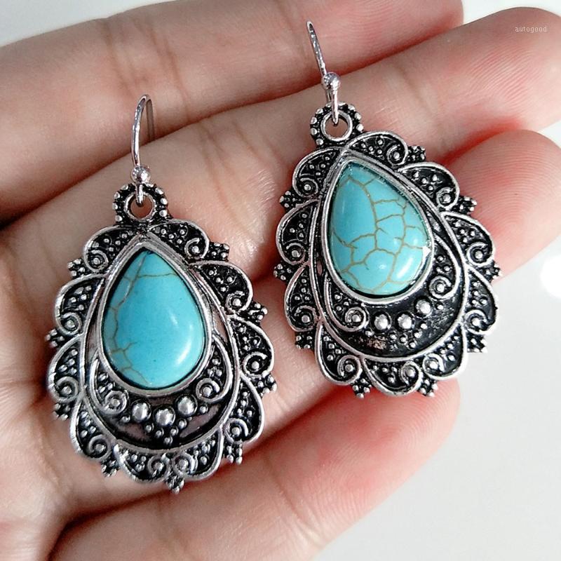

Dangle & Chandelier Fashion Bohemia Vintage Silver Drop Earrings For Women Boho Jewelry Ethnic Blue Turquoises Stone Earring Pendientes Gyps