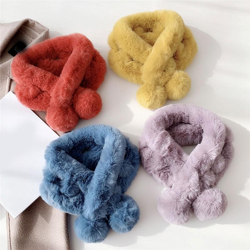 

Snood Scarves Plush Scarf Rex Fur Collar Scarf Double Ball Warm Thicken Scarves Soft Furry Shawl Solid Color Thicken Fur