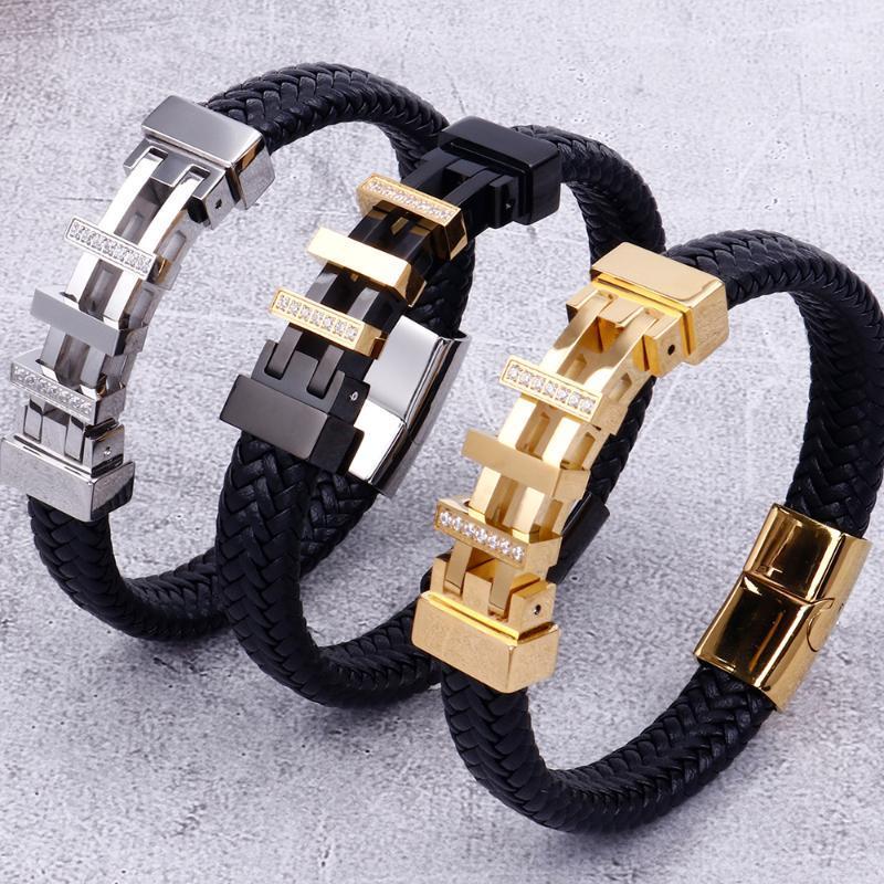 

Tennis Rope Chain Wrap Leather Bracelet Men Gold/Black Stainless Steel Mens Charm Bracelets 2021 Handmade Male Jewelry Wrist Band Men1