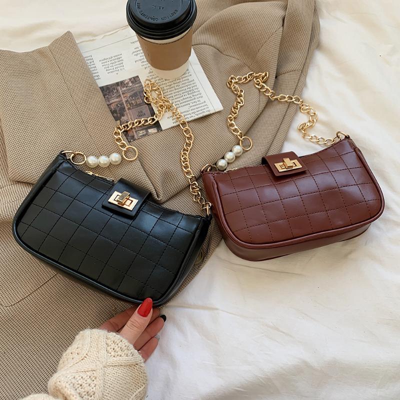 

Fashion PU Leather Underarm Tote Bag Female Pearl Chain Handbag Elegant Lattice Pattern Women Street Commuter Top-handle Purse, Black a