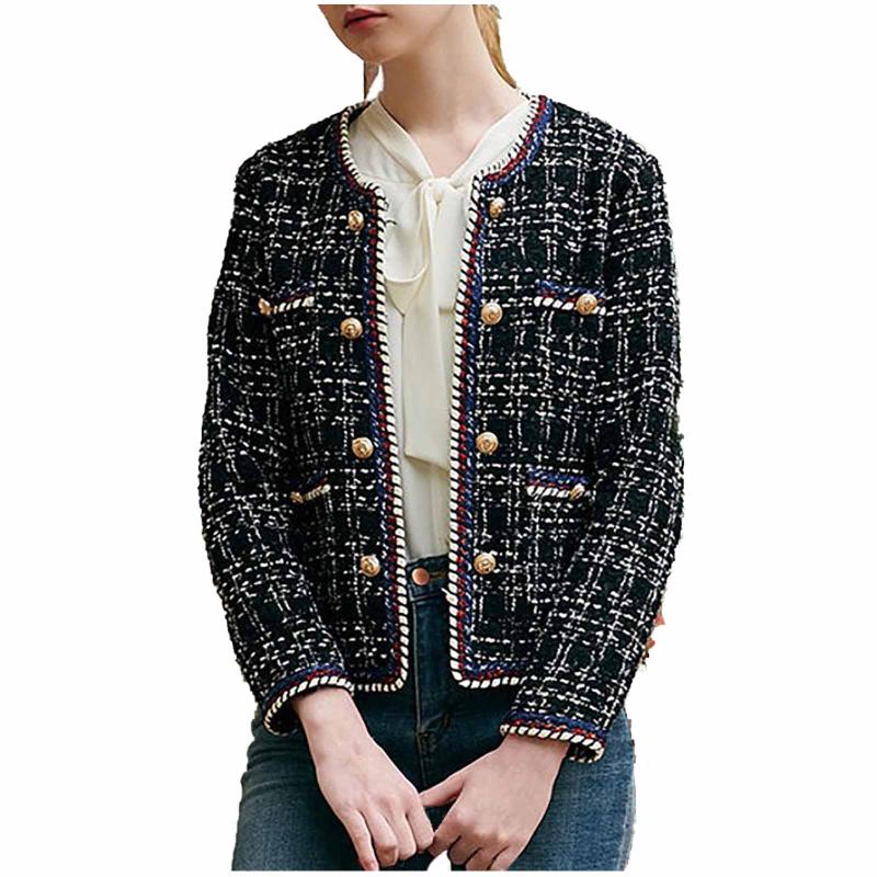 

Women' Autumn Winter Fashion Coat Lattice Double Breasted Tweed Plus Size Coat Woolen Jacket Elegant Graceful Clothes L4, Black