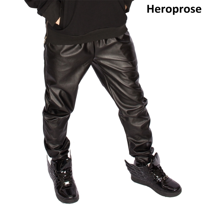

New faux leather harem slim skinny men hip hop casual Fashion elastic waist pants 201118, Black