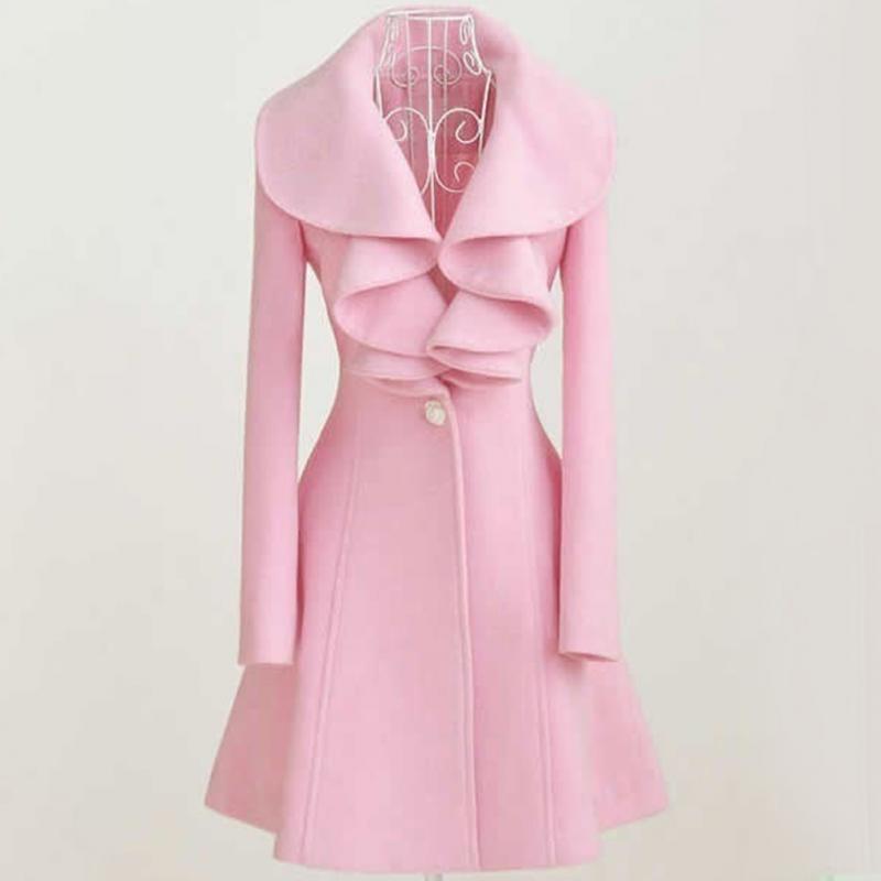 

2020 Winter Ruffles Collar Wool Coat Women Slim Medium-long Plus Size Slim Coat Female Single Button Elegant Outerwear, Beige