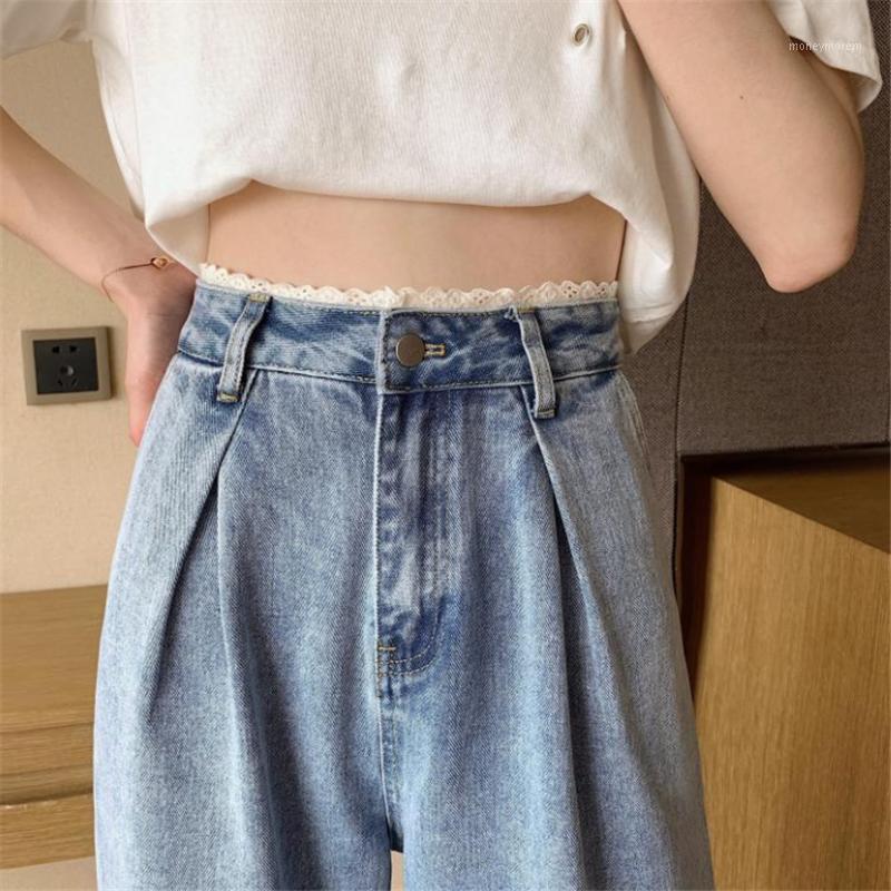 

High Waist Denim Straight Jeans For Women New Style Cute Lace Stitching Loose Wide-leg Pants Lady Elegant Washed Jeans Trousers1, Light blue jeans