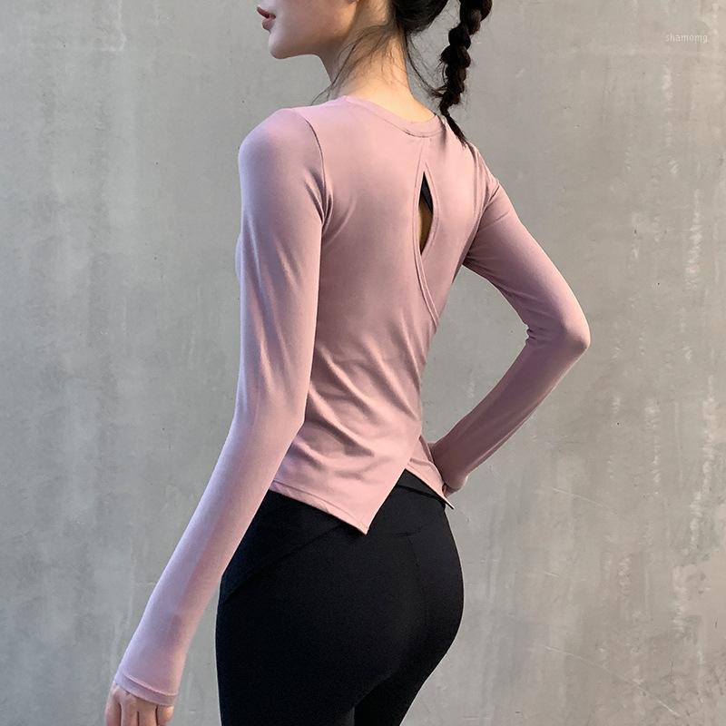 

Back Hollow Yoga Training Top Women Long Sleeve Short T-shirt for Running Gym Fitness Sport Shirt Female Exercise Clothing 20201, Black