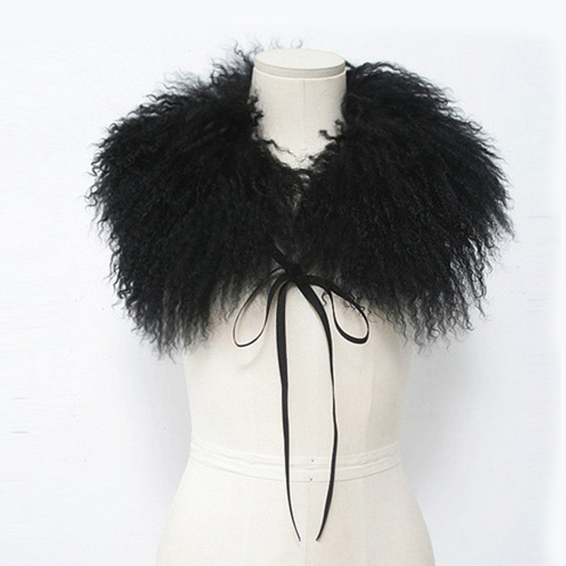 

Real Mongolia Sheep Fur Collar Scarf for Jacket Coat Beach Wool With Straps Solid Black White Women Genuine Fur Collar Winter Y201007
