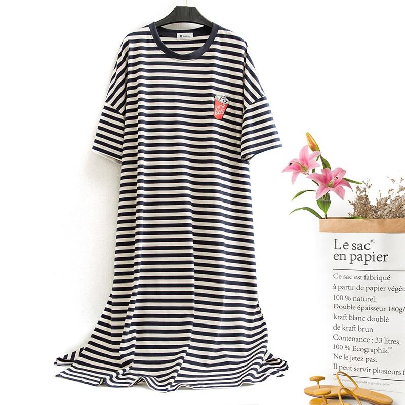

Large size 10XL bust 42cm Cotton Long Night Dress Short Sleeve Women O-Neck Striped Sleepwear Casual Oversized Summer Home Dress, Black