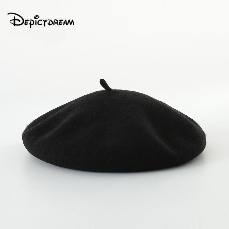 

New style spring 100% wool Letter embroidery Warm Winter Women Beret Artist Beanie Cap For Sweet Girl Gift autumn hats, Black