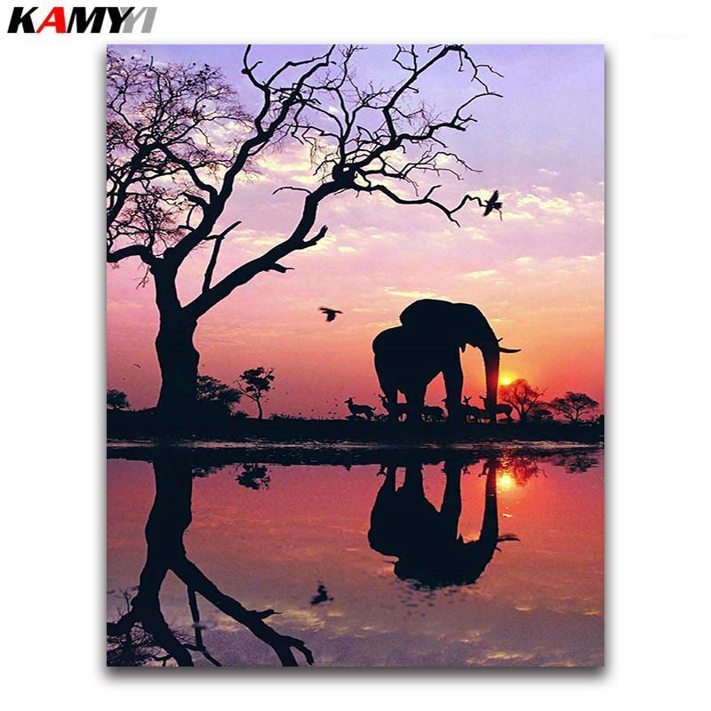 

animals Full round Diamond painting Cross stitch Sunset landscape full square Diamond mosaic Elephant 5D embroidery tree1
