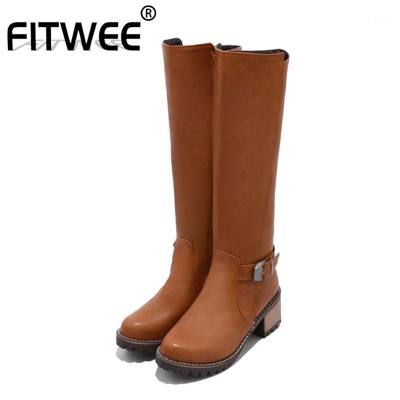 

FITWEE 2020 Women Knight Boots Platform Buckle Retro Casual Pu Leather Long Boots Fashion Shoes Woman Footwear Size 33-431, Black