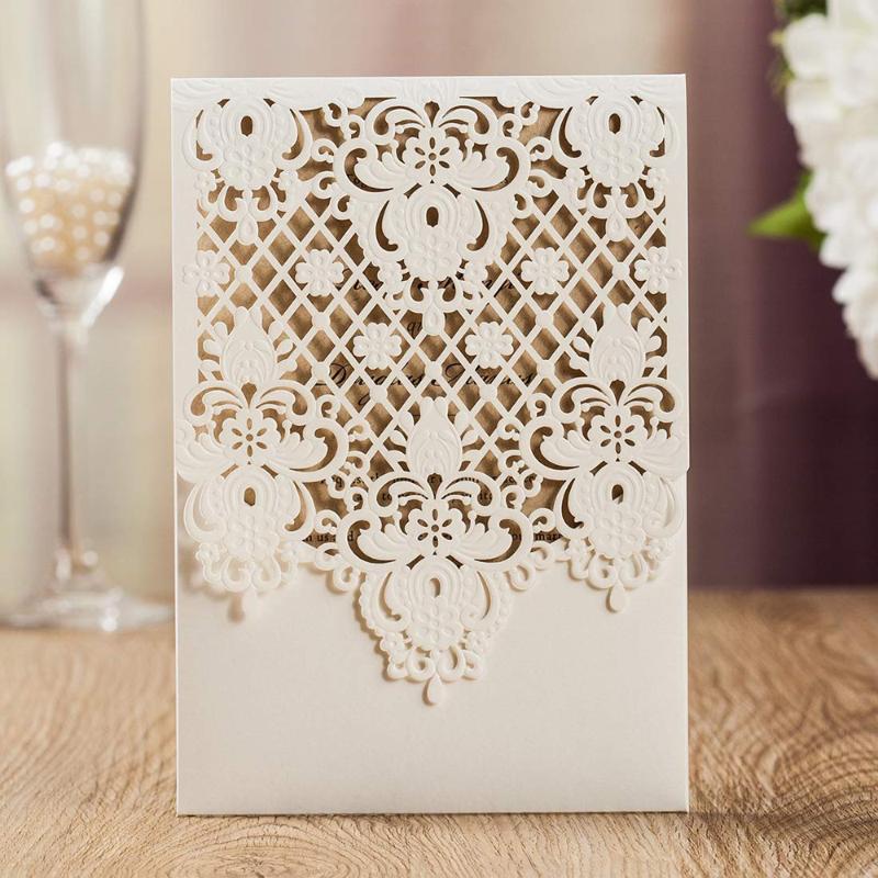 

WISHMADE Vertical Laser Cut Wedding Invitations with Ivory Lace Sleeve Invite Cards for Bridal Shower Engagement Birthday 100PCS