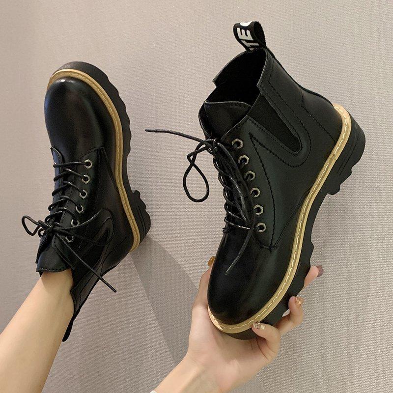 

Lace Up Boots Shoes Round Toe Winter Footwear Luxury Designer Boots-Women Lolita Black Rock Rubber 2021 Fashion Ankle Autumn