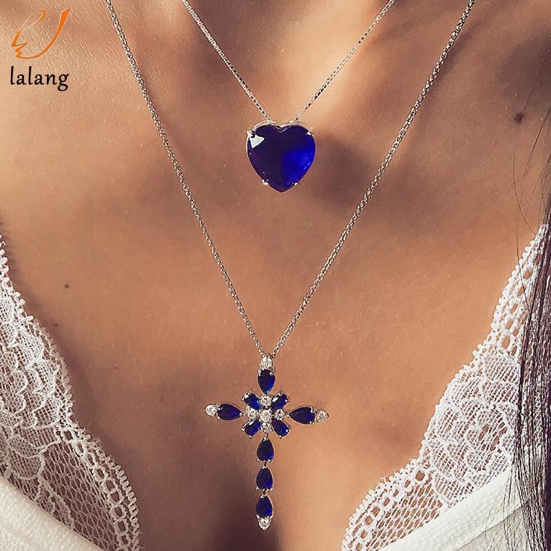 

Blue Crystal Heart Cross Pendant Necklace Women Fashion Multilayer Rhinestone Ocean Jewelry Choker Valentine's Day