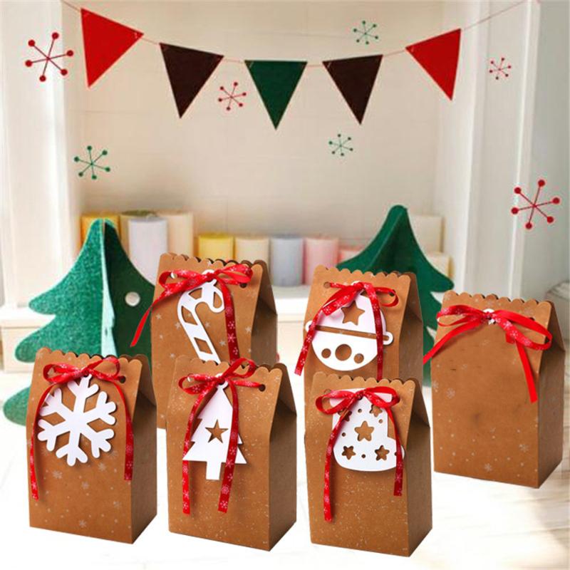 

1PC Kraft Paper Candy Box Christmas Gift Packaging Handbag Craft Bakery Cookies Biscuits Package Bags Xmas New Year Party Favor