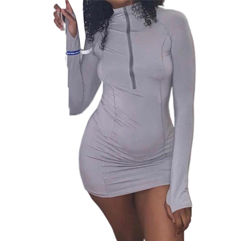 

2020 Women Long Sleeve Stand Collar Dress Sexy Long Sleeve Zipper Bodycon Dress for Women Ladies Autumn Clothes Party Clothing, As photo shows