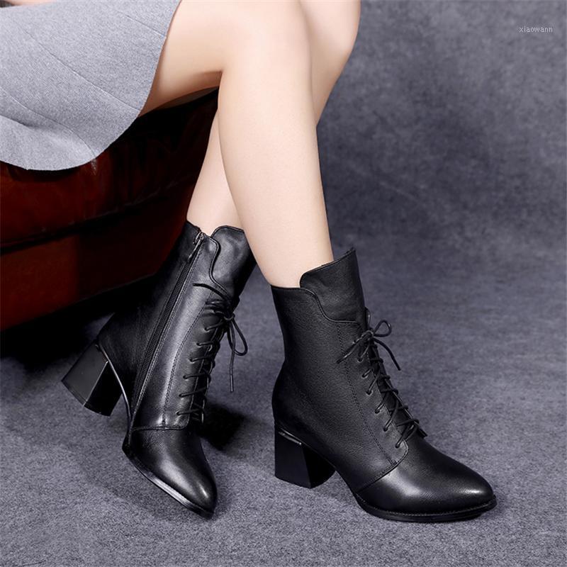 

Cresfimix Botas Femininas Women Classic Pointed Toe Black Pu Leather Autumn Lace Up Boots Lady Cool Heel Shoes for Winter B6406x1