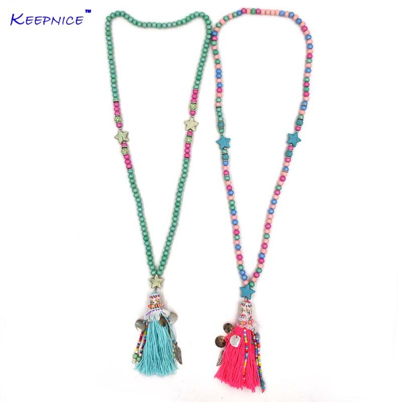 

New Pink Tassel five stars pentagon pendents necklace boho Bohemiam long fringe statement wooden beads Chain Maxi Necklaces