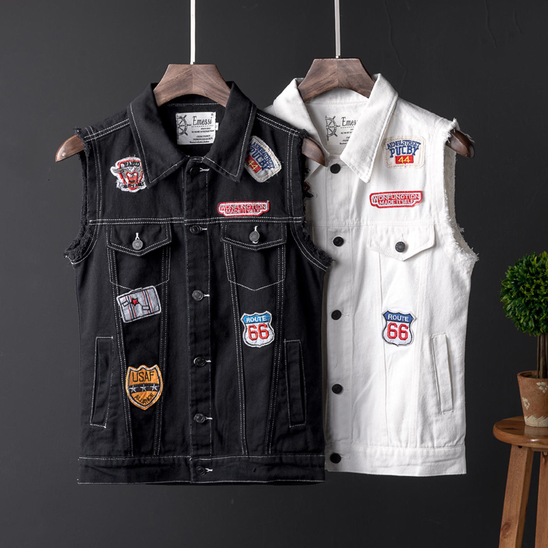 

2021 New Spring Summer Fashion Patches Designer Slim Fit Hip Hop Denim Vest Men Streetwear Veste Sleeveless Chaqueta Wkz9, Black