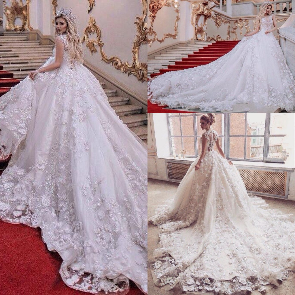 

2021 Luxurious Ball Gown Wedding Dresses Jewel Neck 3D Handmade Flowers Beaded Long Chapel Train Bridal Gowns Plus Size Vestidos AL7205, Custom made from color chart