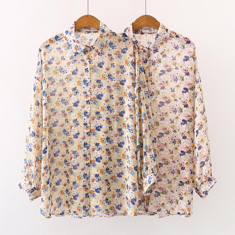 

plus size Women chiffon blouses 2021 Spring casual floral shirts Fashion long sleeve shirts casual Blusas Mujer, Blue