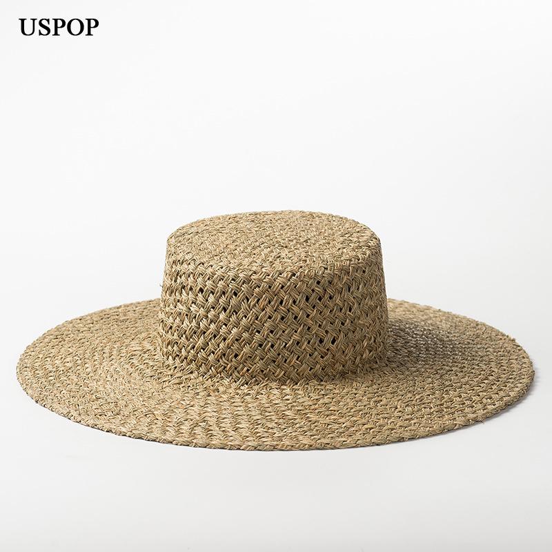 

Wide Brim Hats Hand-woven Flat Straw Hat Seaweed Outdoor Travel Sunscreen Beach Sunshade, Green