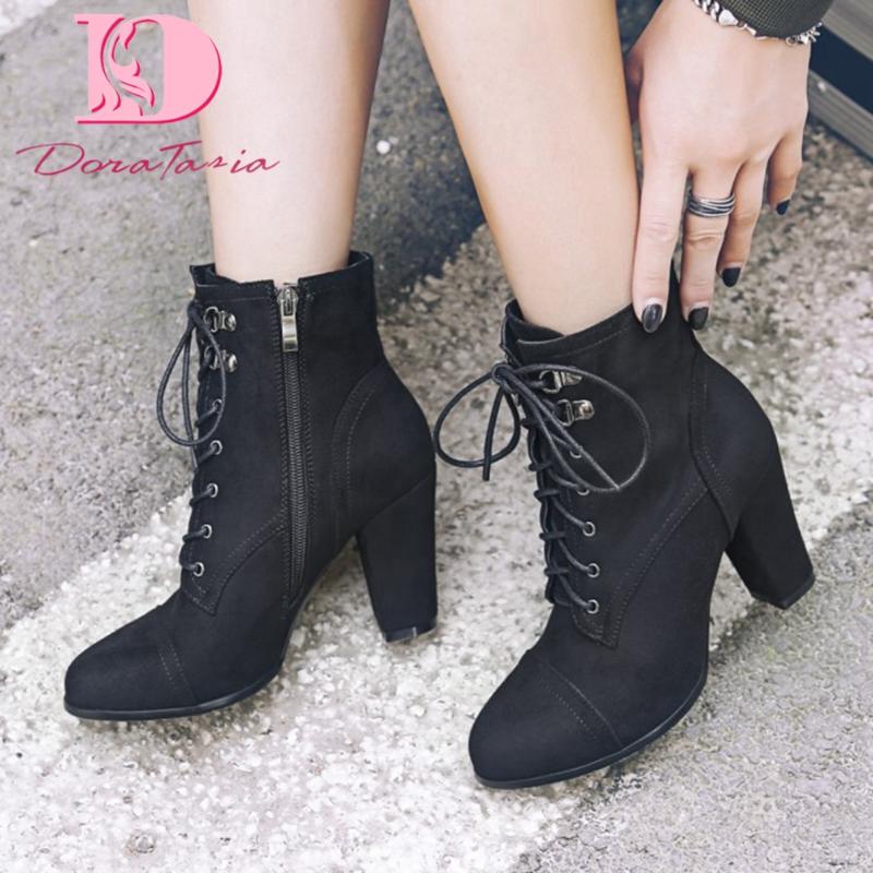 

DoraTasia Ladies Mature Office Heeled Boots lace-up Solid Ankle Boots Women 2020 High Heels woman shoes, Black