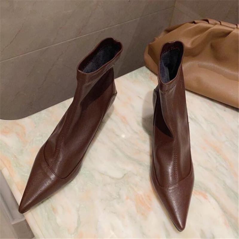 

AIYKAZYSDL Designer Leather Women Knee High Boots Pointed Toe Boots Women Long Chunky Block High Heel Black Apricot Brown