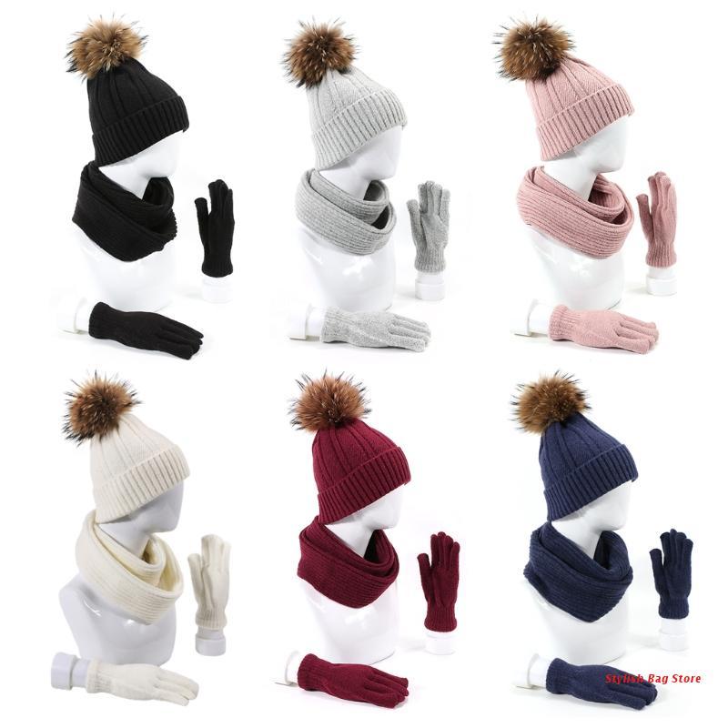 

3pcs Men Women Knitted Beanie Hat Scarf Gloves Set Winter Warm Fake Ball Pom Pom