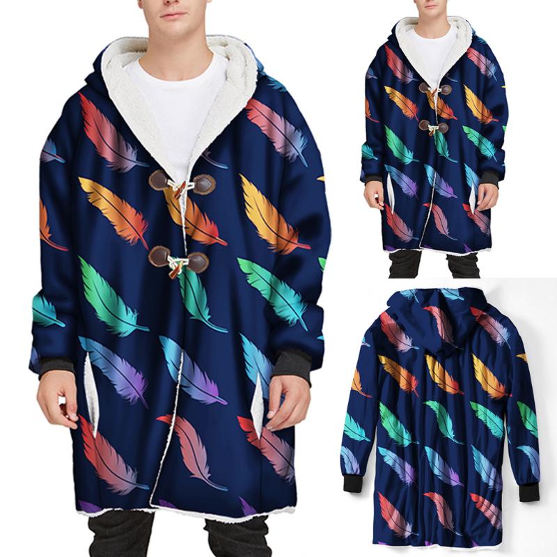 

2020 Men Jacket Men Winter Jacket Men's Mens Winter Long Hooded Horn Buckle Plus Velvet Thick 3D Printed Coat #40%, Blue