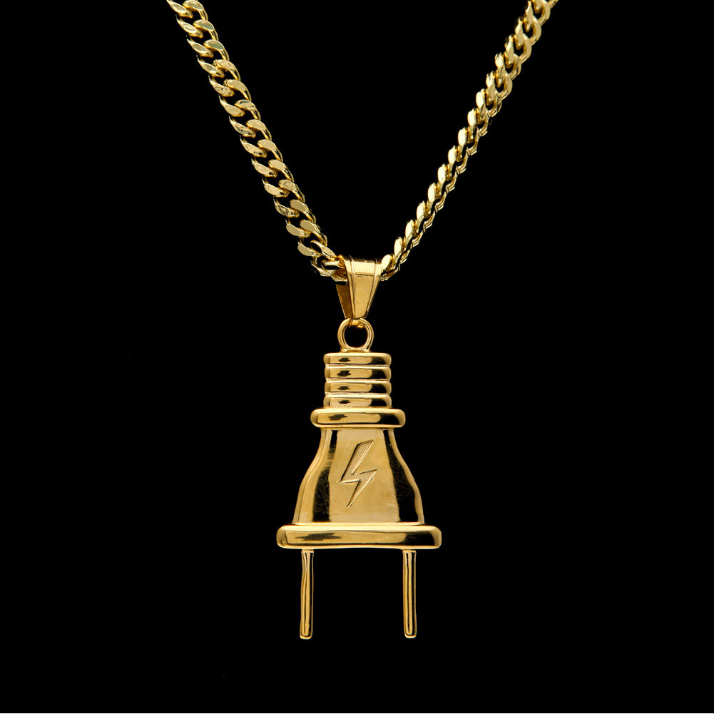 

14K Gold Plated Mens Hip Hop Lighting Plug Pendant Necklace with 70cm Long Cuban Link Chain Jewelry