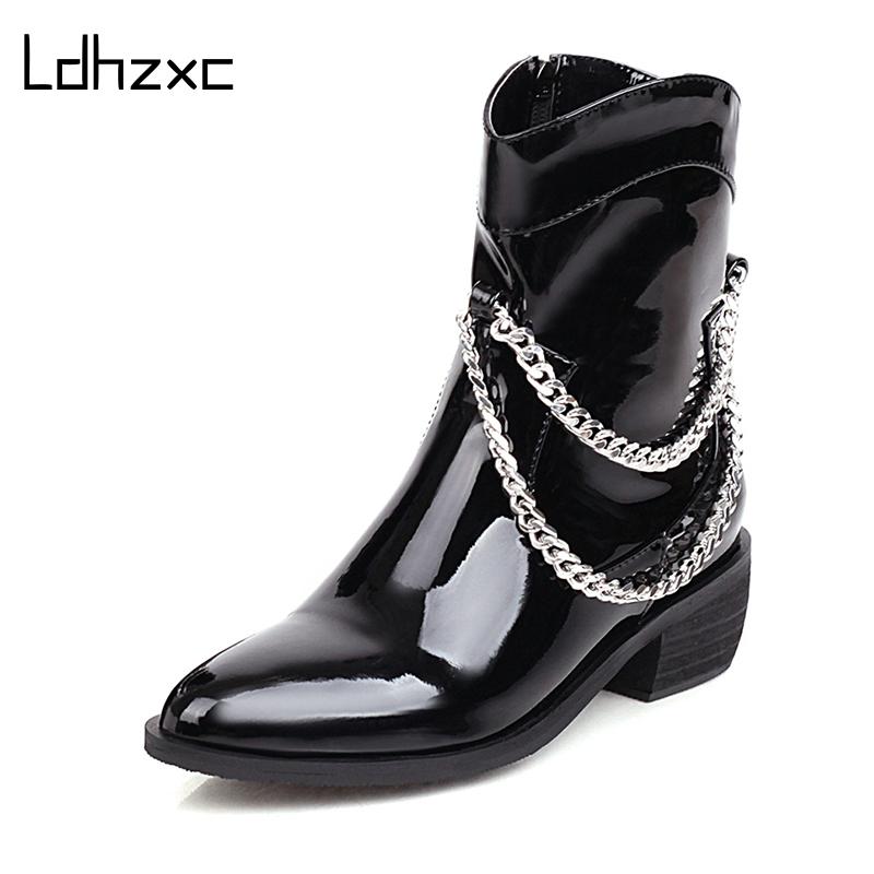 

LDHZXC 2021 fashion Patent Leather Ankle Boots For Women Metal Chain Female Short Boots Middle High Heels Shoes Solid Loose, Black