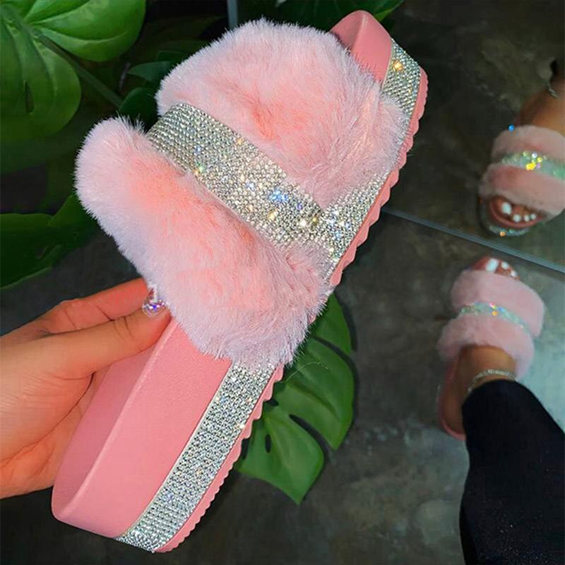 

Fashion Rhinestone Ladies Sandals 2021 New One-line Mid-heel Thick-soled Hairy Sandals Simple Casual Slippers Generous Sandal, Black