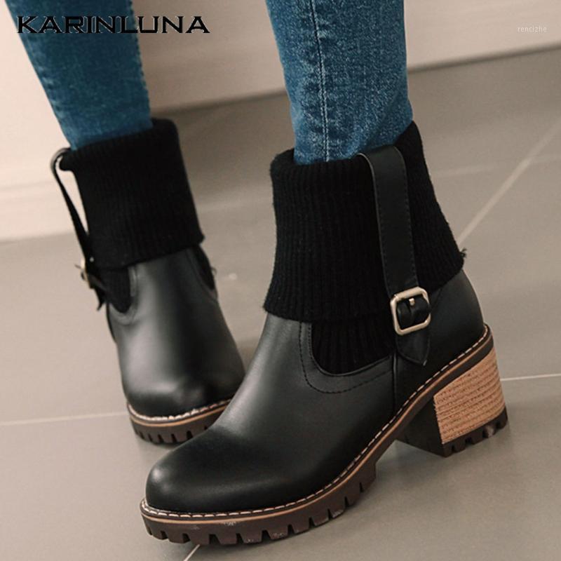 

Karin Large Size 43 Leisure 2020 Dropship Square Heels Autumn Winter Woman Shoes Knitting mid-calf Boots1, White add fur