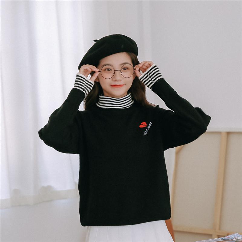 

Korean Institute Wind Cute Embrodiery Long Sleeve Knitted Sweater Women Autumn Winter Turtleneck Patchwork Pullovers Jumpers, Black