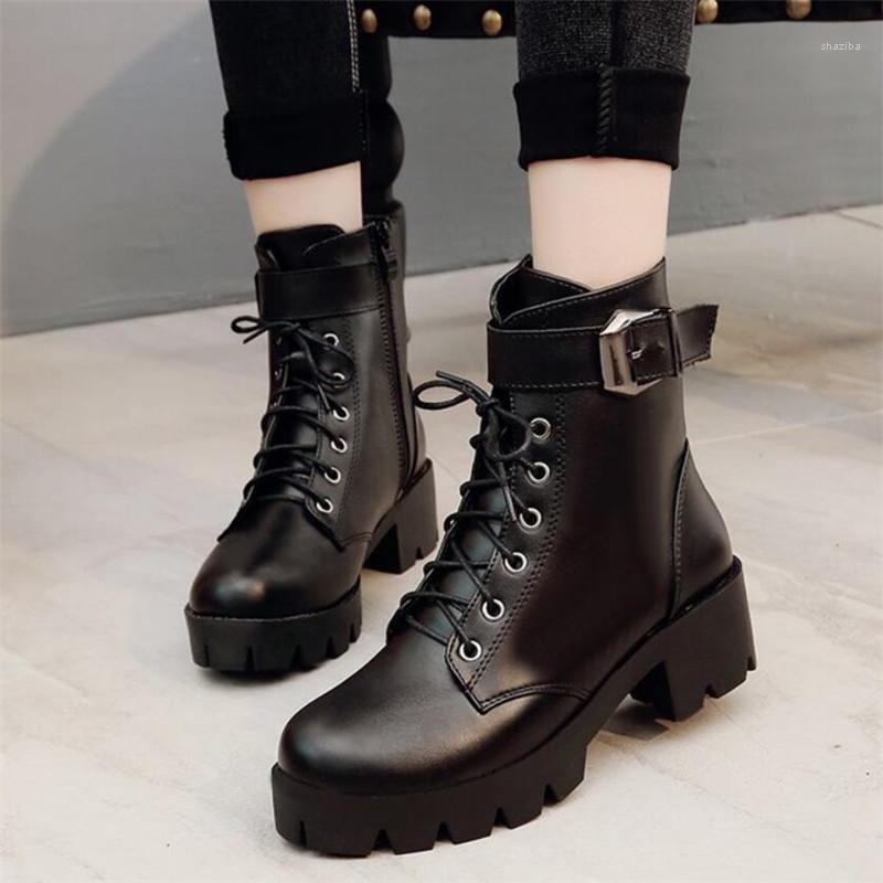 

Black Lace Up Boots Women Square Heel Bootee Woman 2020 Spring Autumn Buckle Ankle Boots Female Ladies Non-slip Shoe1