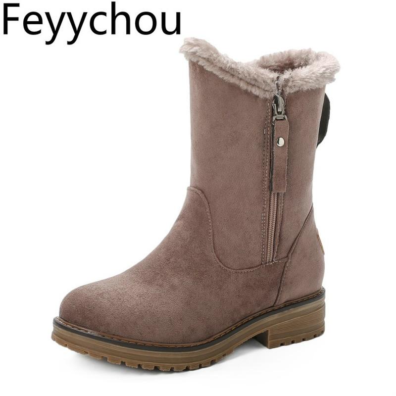 

Women Boots Autumn Winter Med Heel Warm Ankle Round Toe Snow Boots Flat Platform Flock 2020 New Sexy Fashion Brown Black Plush