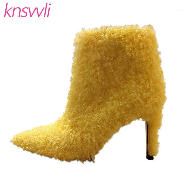 

Pointed Toe Curly Sheep Wool Women Boots Sexy High Heels Brand Shoes Woman Runway Party Ankle Boots For Women Botas De Mujer1, Black