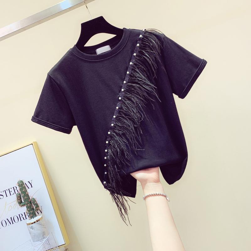 

New Girls Nail Beads Tshirt 2020 Summer Heavy Industry Feather Fringed T-shirt Womens Slim Solid Short Sleeve T-shirts Basic Top, Black