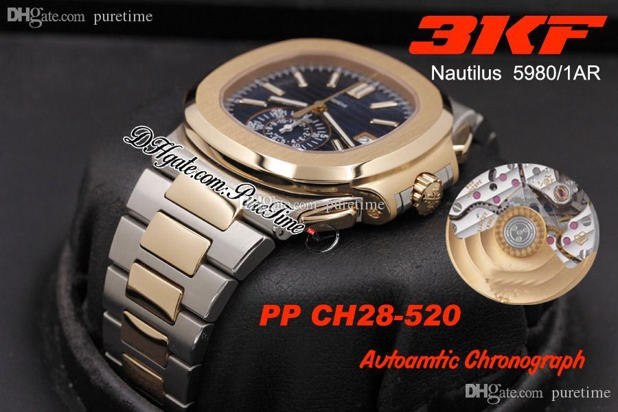 

3KF 5980-1AR-001 CH28-520C Automatic Chronograph Mens Watch Two Tone Rose Gold Blue Texture Dial Steel Bracelet Puretime 2021 Watches PTPP f4, White