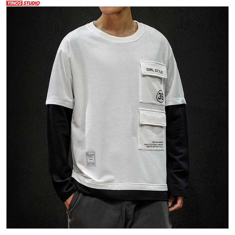 

Dropshipping Autumn 2020 Mens Causal Cotton Tops Japanese Fake Two Pieces Pullover Male Streetwear Patchwork Sport Hoodies, White(asiansize)