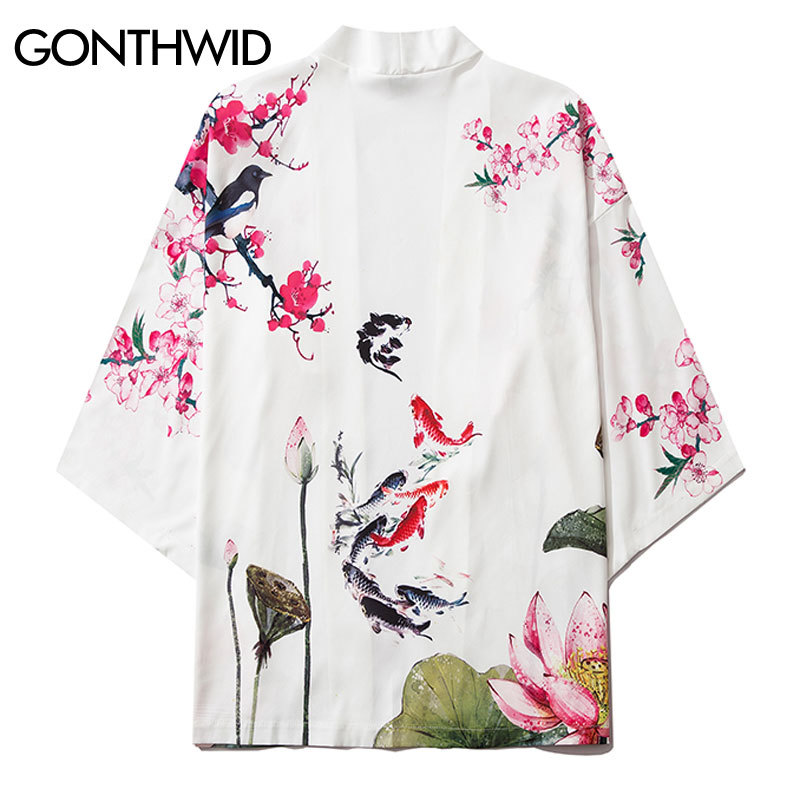 

Cherry Blossoms Carp Koi Fish Bird Print Japanese Kimono Cardigan Shirts Jackets Mens Casual Floral Coats Streetwear, White