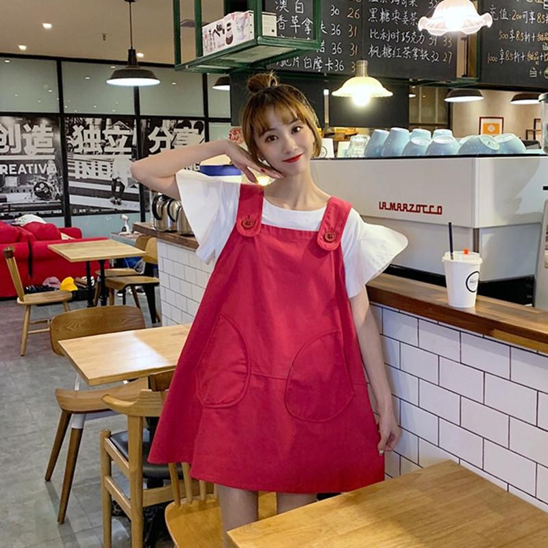 

2020 Summer New pocket Suspender Skirt Slim Princess Dress Wild Little guy Dress Mid skirt T-shirt Horn sleeve Student Cute, White t-shirt