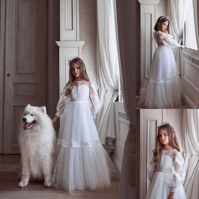 

Pure White Flower Girl Dresses for Wedding Lace & Pearls Little Girls Pageant Dress Designer Skirts vestidos de desfile1