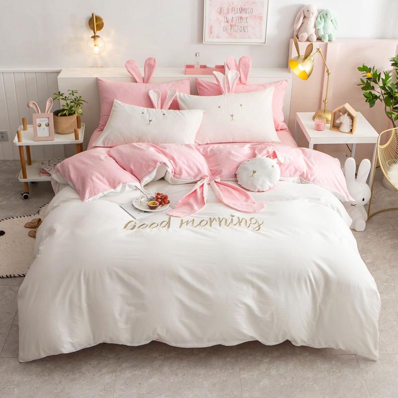 

Pink White Cute Big Ear Embroidery 100% Washed Cotton Girl Bedding Set Full Queen King Duvet Cover Bed Sheet Pillowcases