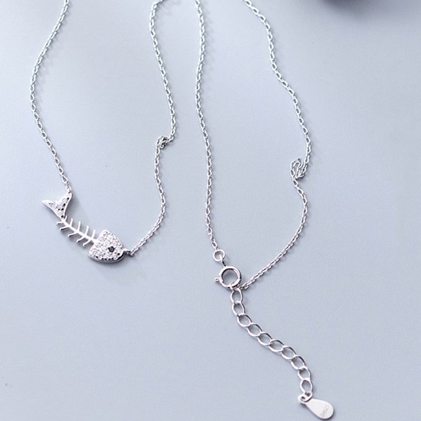 

New fashion design cubic zircon micro pave fish bone women sterling silver 925 necklace 14k gold plated birthday Day gift