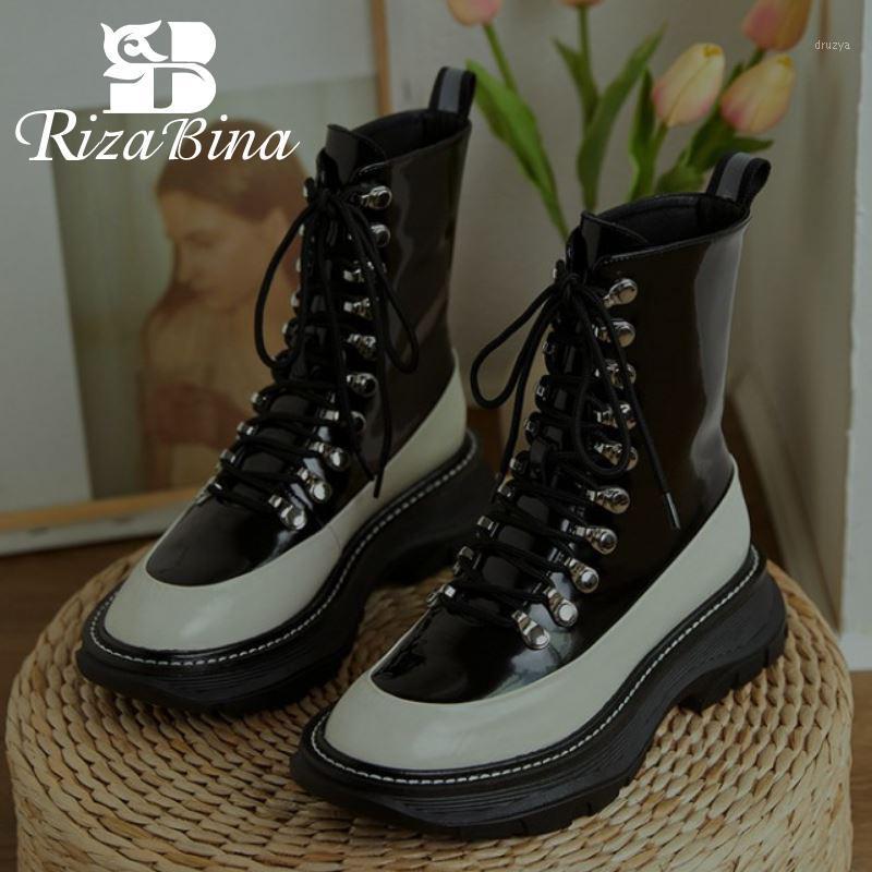 

RIZABINA Real Leather Size 33-42 Women Ankle Boots Round Toe Shoes Mixed Color Winter Warm Boots Fashion Footwear1, Black