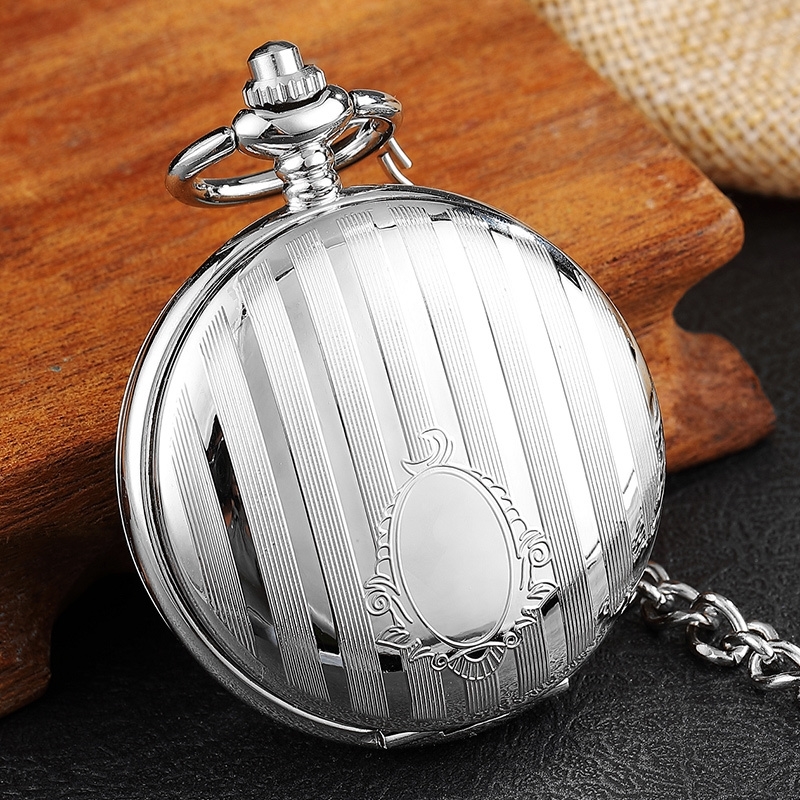 

Luxury Silver Stripe Carved Vintage Mechanical Pocket Watch Double Side Hand Wind Men Women Skeleton Steampunk Chain Fob Watches T200502, Slivery;golden