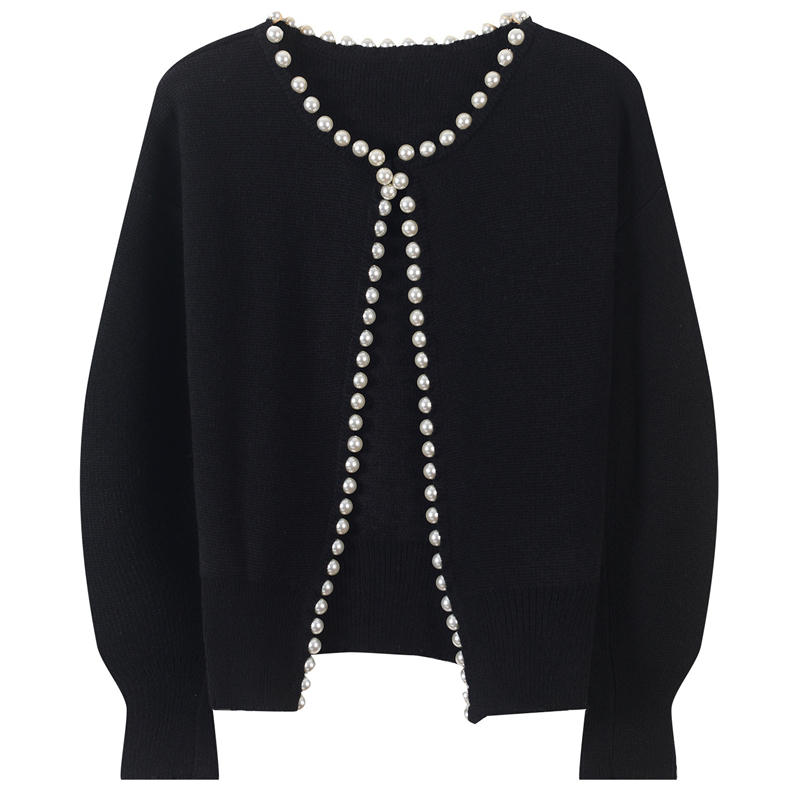 

Harajuku V-neck Knitted Cardigan Women Sweater Autumn Winter Long Sleeve Pearl Beading Top Female Sweater Ladies Outwear Coat 210204, Black